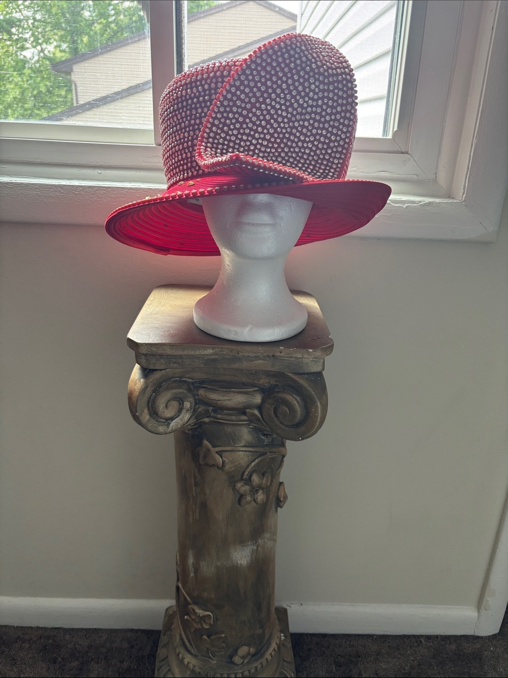 Crystal-Studded Red Wide-Brim Church Hat